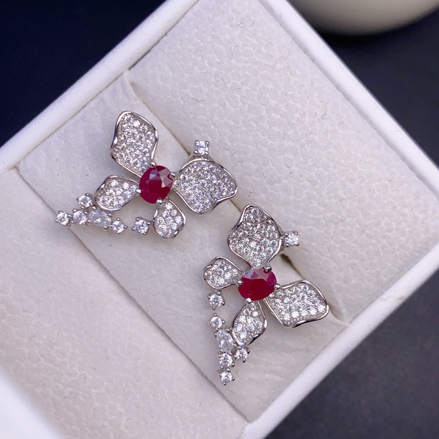 Natural Burmese Ruby Earrings, Pigeon Blood Red Main Stone 4X5Mm, Old Heat-Treated Ruby Earrings, Butterfly Shape