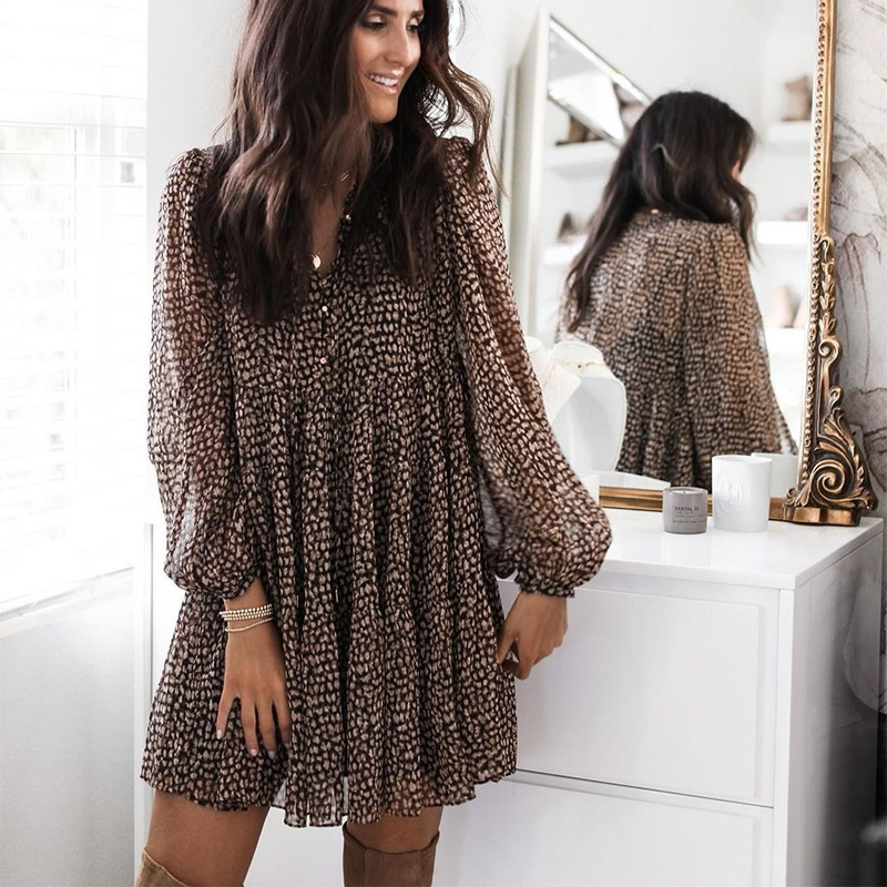 European and American women's clothing Amazon cross-border 2022 spring loose leopard print lantern sleeve V-neck large skirt dress KDN