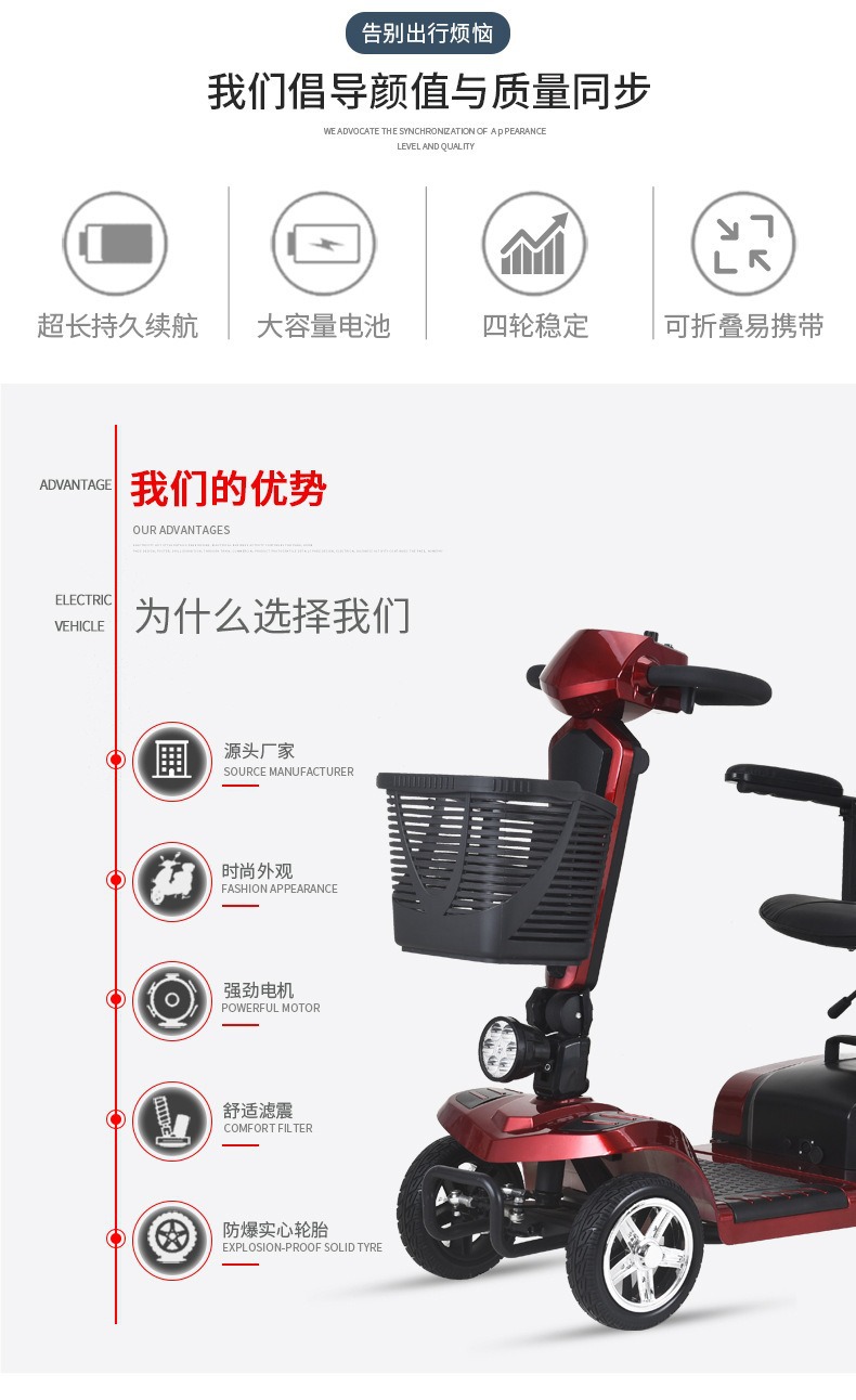 Four-Wheel Electric Scooter for the Elderly, Disabled Electric Scooter, Double-Person Household Mobility Scooter, Foldable