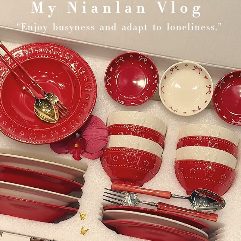 Dish Set with Red Embossed Butterfly Design, Festive and High-End Ceramic Bowls and Plates, Housewarming and New Year Gift Tableware