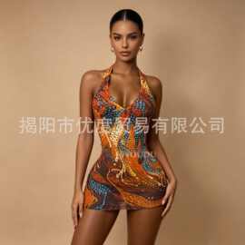 欧美时尚闪亮水钻礼服性感挂脖露背短裙酒会派对时装秀礼服彩虹丝