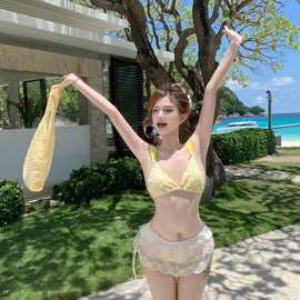 新款比基尼泳衣女四件套甜心辣妹纯欲天花板度假小胸显瘦泳装跨境