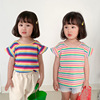 2021 summer new pattern girl Rainbow stripe Short sleeved T-shirt children Lotus sleeve Backless jacket Western style Children's clothing