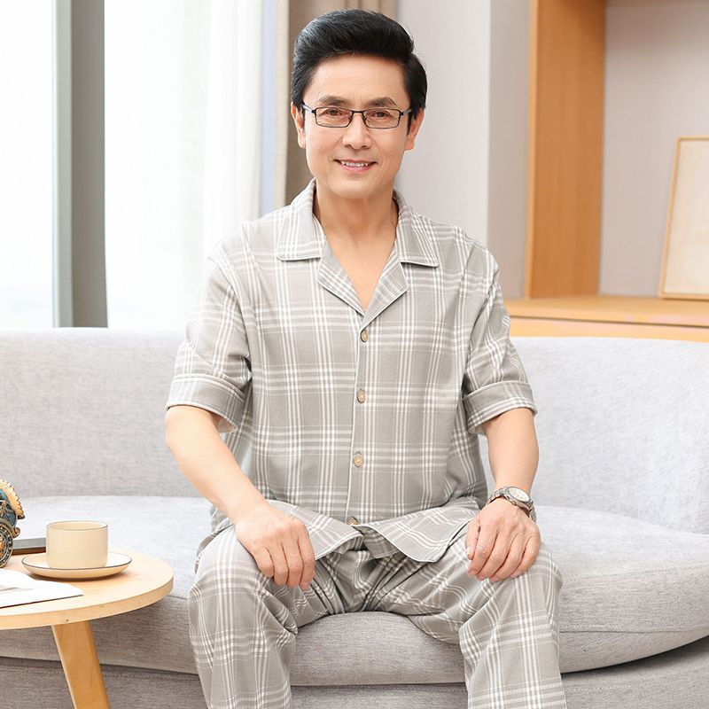 Papá pijamas de verano de algodón para hombres de manga corta delgada de verano pantalones largos de media manga para hombres de mediana edad set de ropa para el hogar