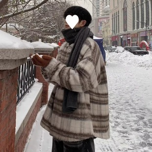 Chanel Style Woolen Plaid Coat Men's Winter Japanese Style Vintage Lapel Woolen Coat Thickened Warm Coat Jacket
