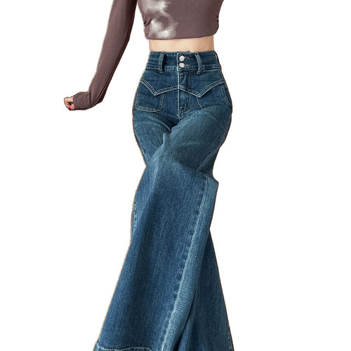 Blue Straight Leg Women's Summer 2025 Double Button High-Waist Slimming Loose Fitting Smooth Wide Leg Pants