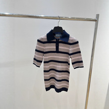 南油高版本春夏女装撞色条纹polo领短袖针织衫时尚修身复古都市风