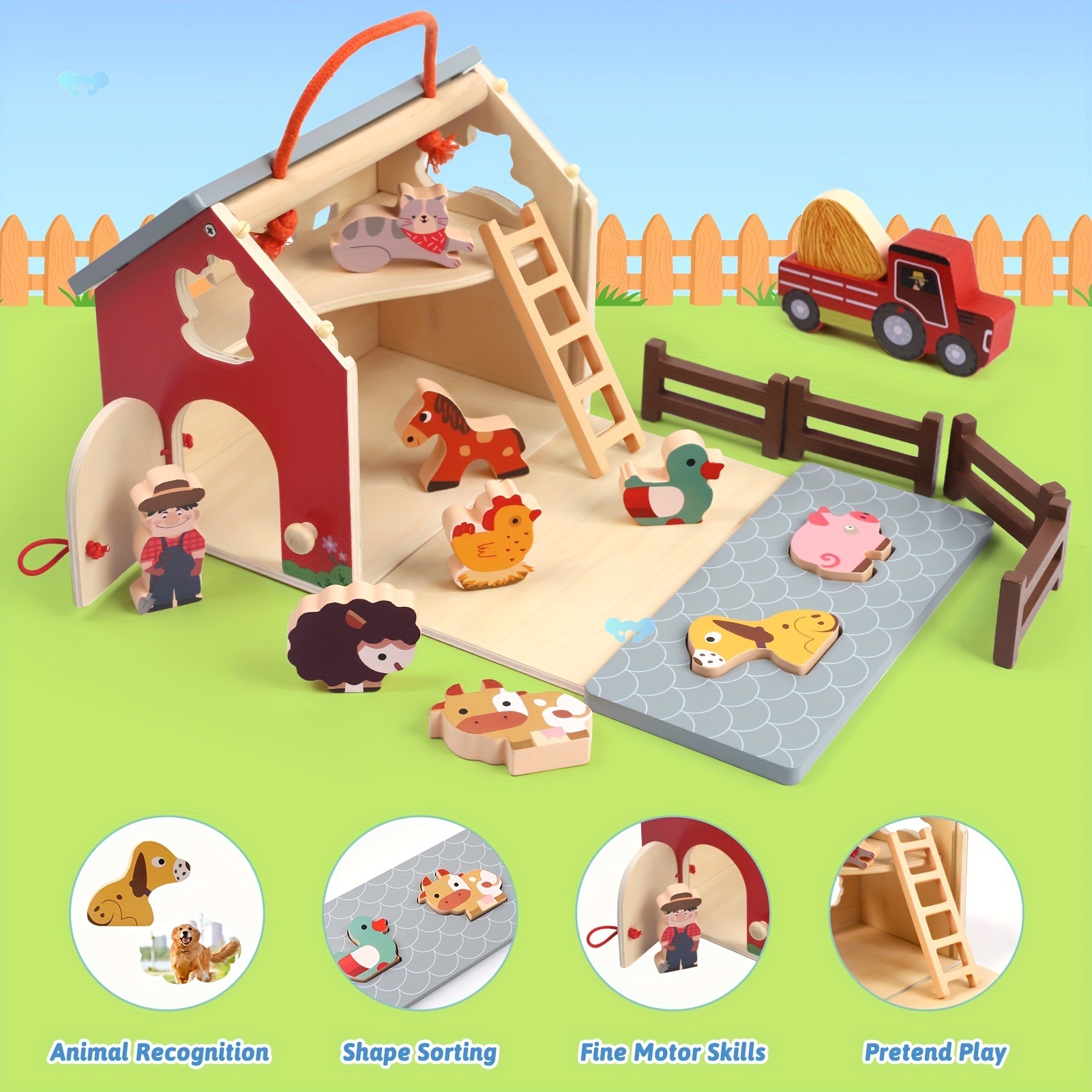 Granja de madera Wooden Animals Farm Barn Toy Kit Sorting Stacking