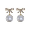 Advanced earrings from pearl with bow, demi-season silver needle, french style, high-quality style, light luxury style