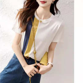 夏季时尚休闲宽松韩版通勤简约撞色条纹T恤女