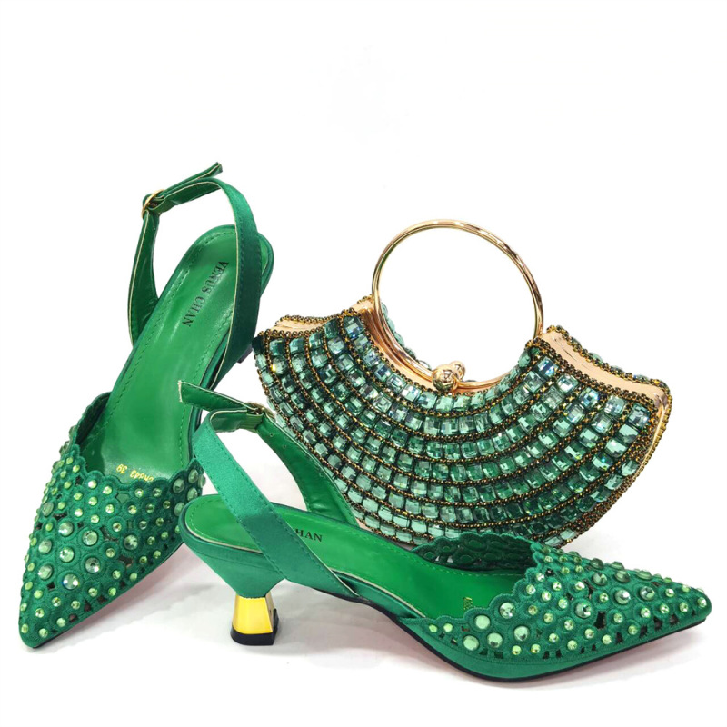 Amazon Hot Sale Pointed Hollow Diamond Shoes Fan Wrist Bag African Shoe Bag suit Combo