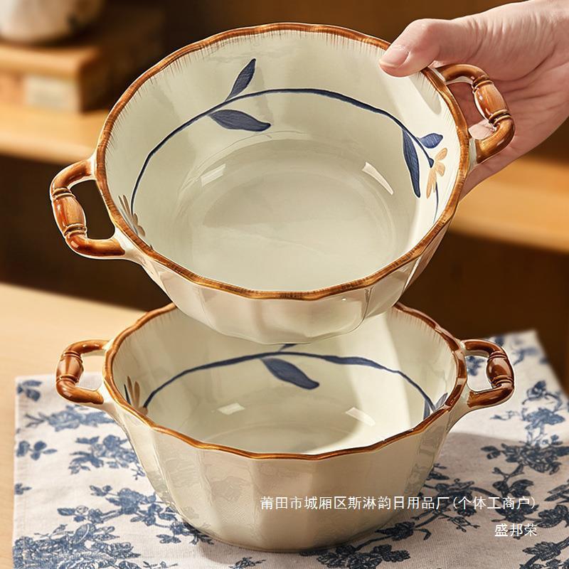 黒釉色双耳スープボウル家庭用新しいセラミック大型スープボウルインチ大型インスタントラーメンボウル大型ボウル|undefined