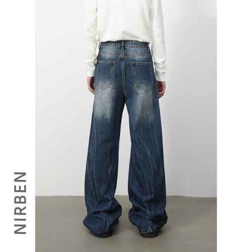 Nirben Denim | American Retro Distressed Streetwear Men's Water Wave Print Trend Brand Loose Straight Leg Wide Pants