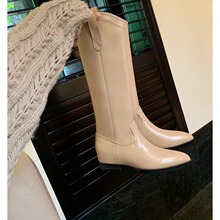 牛皮~葡萄妈同款欧美v口不过膝西部高筒靴尖头骑士中长筒靴女秋冬