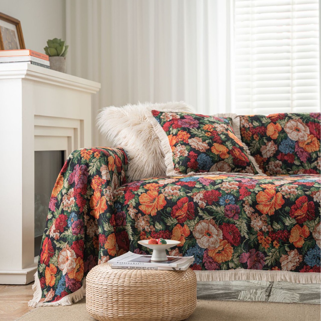 Sofa, retro festive duvet, flowered