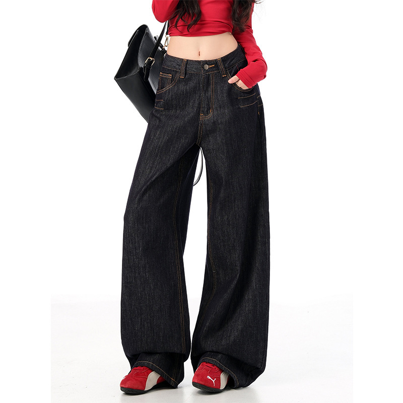 Denim-colored American retro wide-leg pants for women, new autumn collection, washed, loose fit, embroidered, with a flowing drape, in black and gold