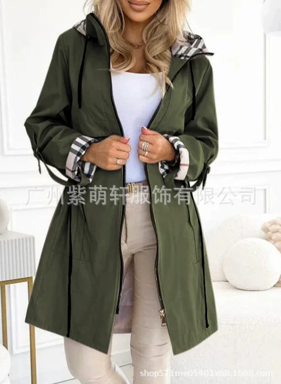 Демисезонное trench coat женское, с капюшоном, европейский стиль, молния и шнурок