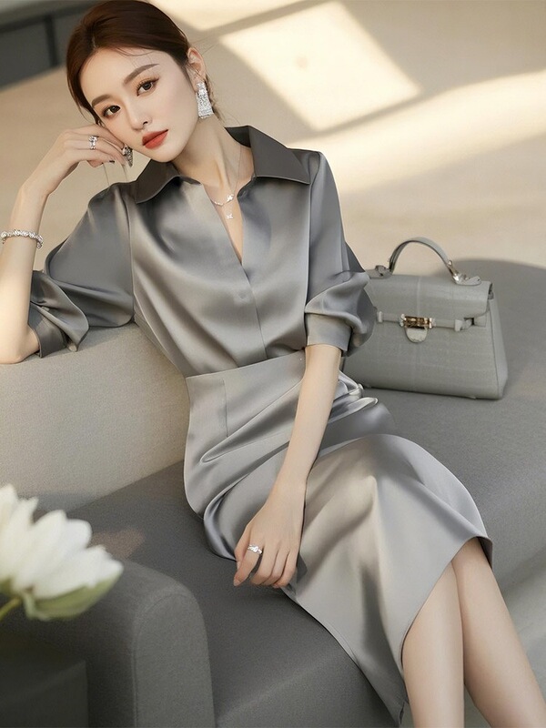 Early Summer Outfit: a Complete Set of Elegant, Luxurious, High-End Gray Acetate Satin Shirt Dress Set for Women Early Summer Outfit: a Complete Set of Elegant, Luxurious, High-End Gray Acetate Satin Shirt Dress Set for Women