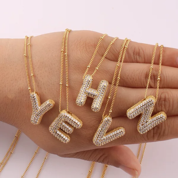 Cross-Border Hot-Selling Copper Gold-Plated Jewelry Bracelet Zircon Chubby Balloon Bubble 26 English Letter Pendant Necklace
