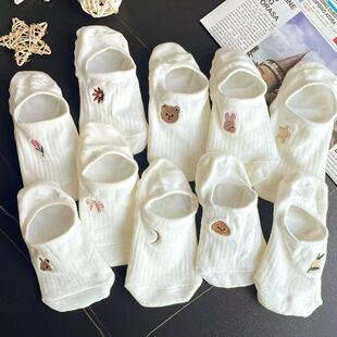 Summer White Animal and Plant Cute Embroidered Invisible Socks Academy Style Artistic Style Silicone Anti-Slip Socks Cotton Socks
