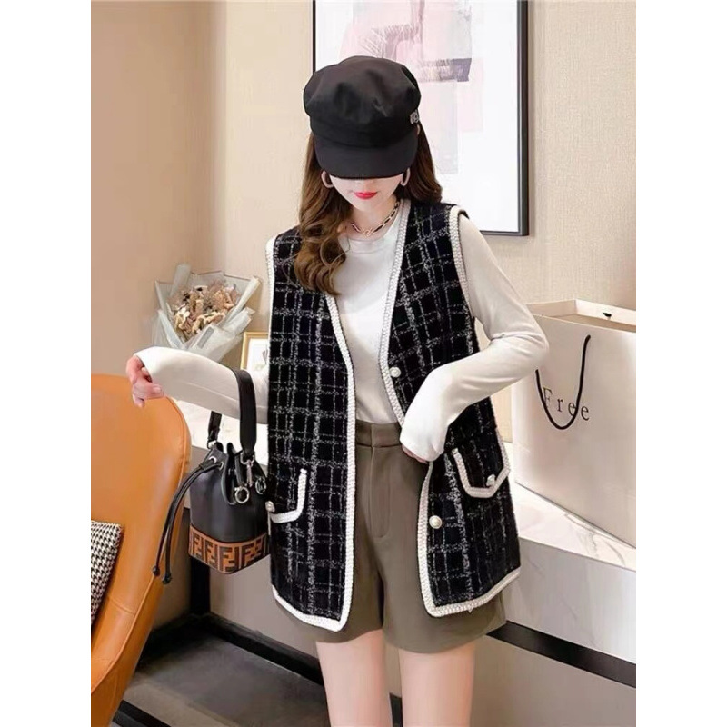 Xiaofang chaleco a cuadrícula chaqueta de mujer sin mangas para usar abrazadera de caballo imitación de agua de invierno invierno cardigan de punto image 3