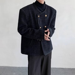 小香風高級感肩ダブルボタンの短い毛ですね。ジャケット男軽熟風韓国版襟なしラシャコート潮
