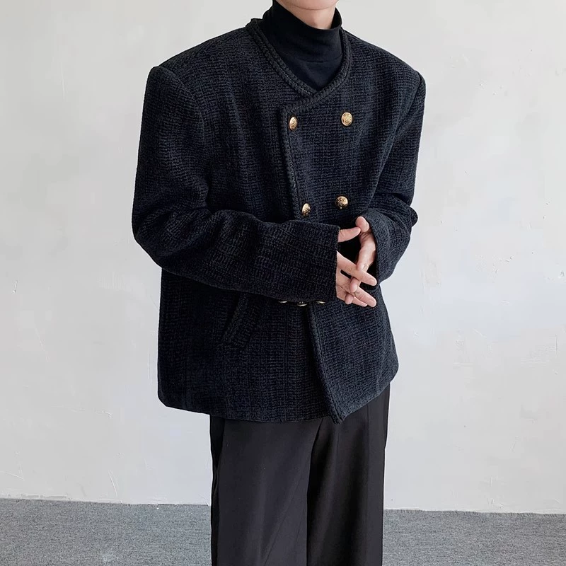 Little Xiangfeng Advanced Чувство плечо двубортная короткая шерстяная куртка мужская легкая спелая корейская версия шерстяной куртки без воротника