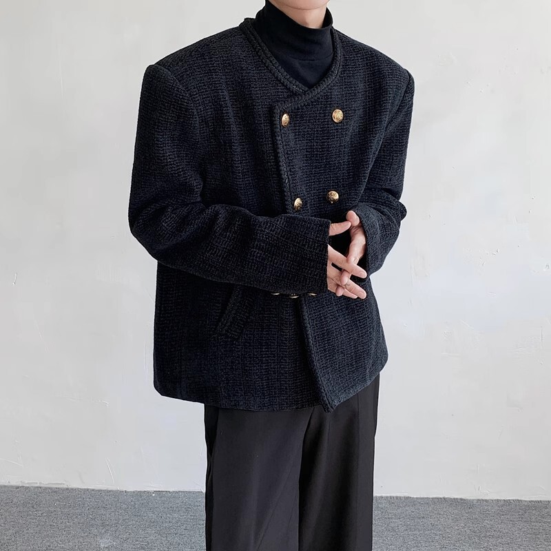 Small Chanel Style High-end Shoulder Pad Double-breasted Short Woolen Jacket Men's Light Mature Style Korean-style Collarless Woolen Jacket Trendy