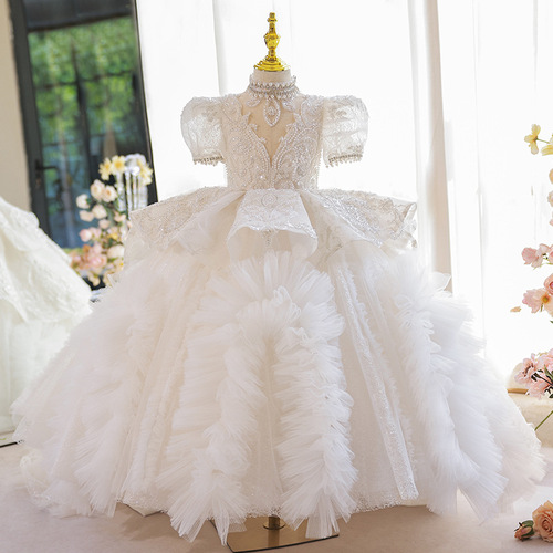 Children's Summer High-End White Flower Girl Dress with Train for Fashion Show, Host Child Princess Dress