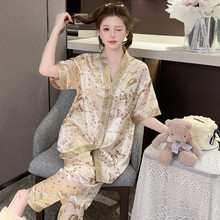 夏季新款睡衣女和服领短袖薄款高级感网红奢华冰丝家居服两件套