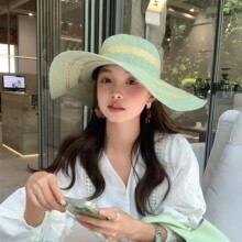 法式度假优雅金丝条纹大帽檐防晒遮阳草帽女夏天出游米色编织礼帽