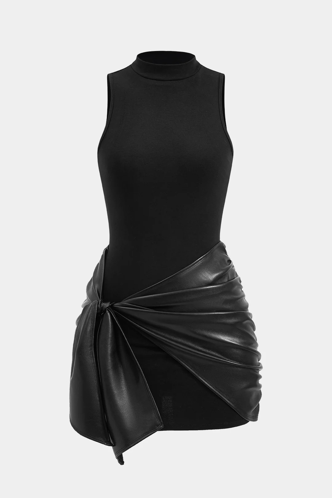 Women's Solid Color Sleeveless Mini Dress Front Tie PU Decoration Faux Two Piece_ecoleips.com