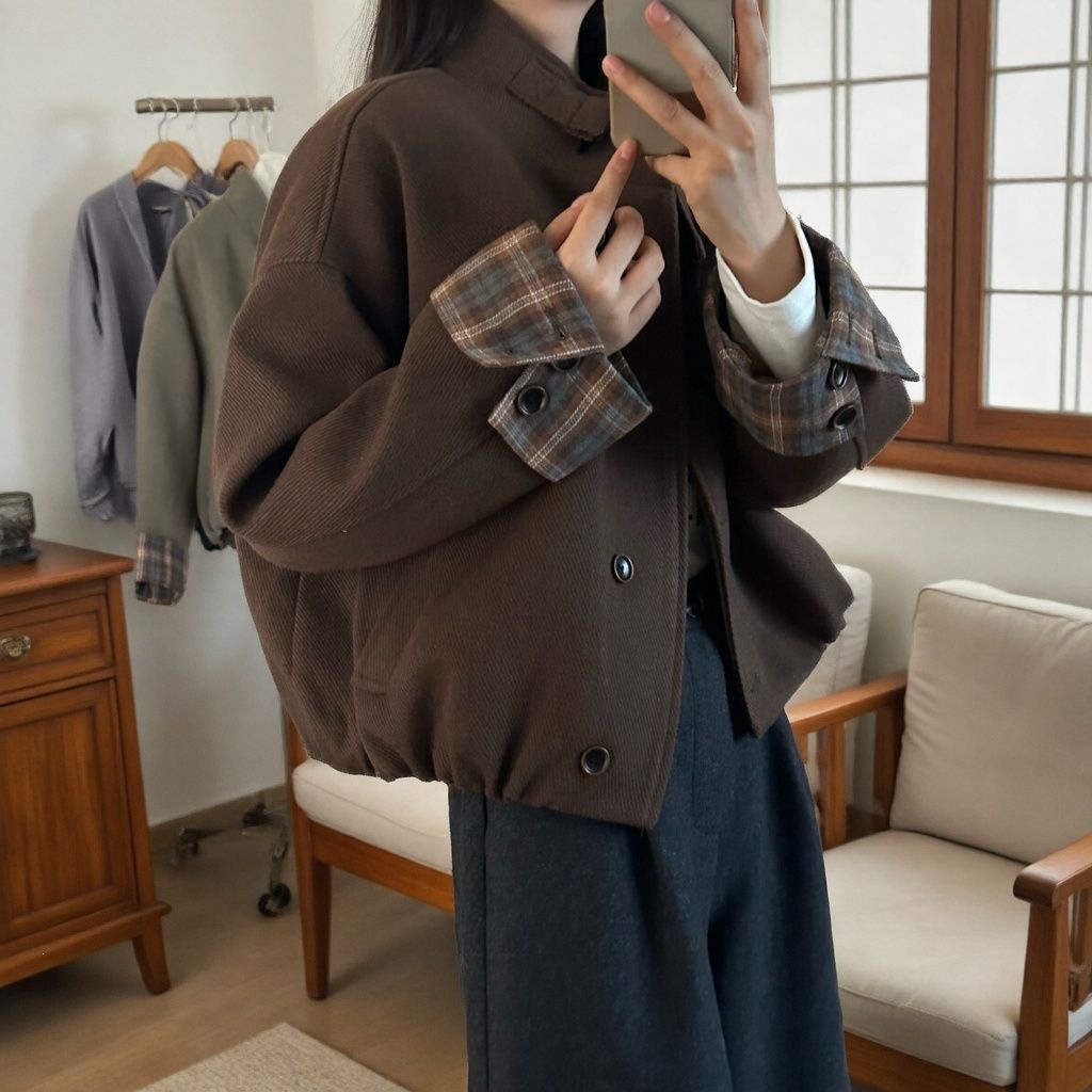 韩系格子拼接棕色毛呢外套女2026秋冬新款美拉德百搭显瘦短款上衣