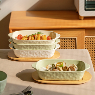 Cream Style Double-Eared Baking Pan Oven Ceramic Plate with Tray Microwave Baking Rice Bowl Home Breakfast Plate