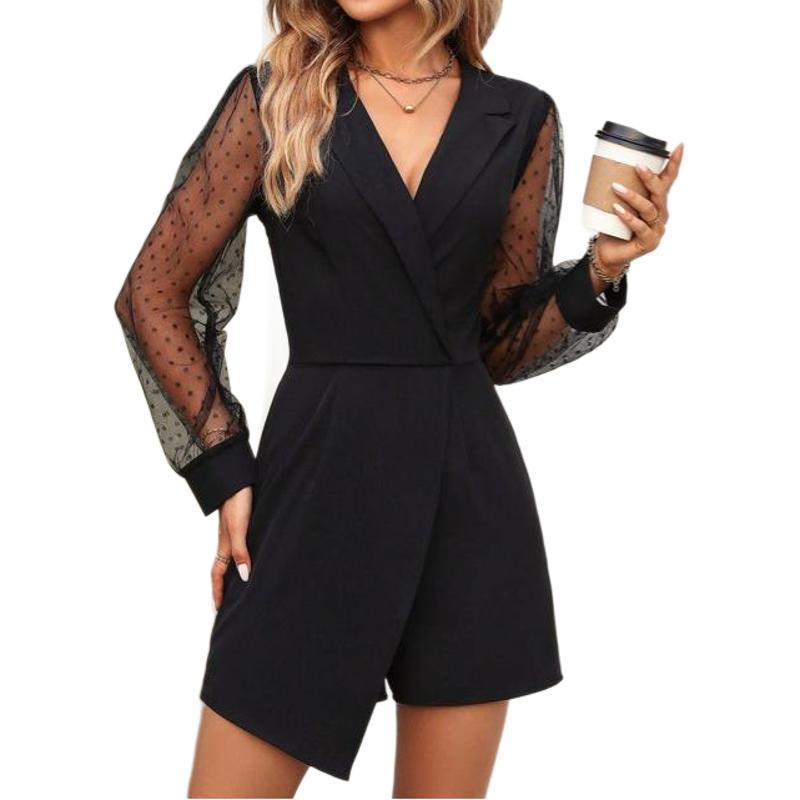 Women's Clothing lace suit skirt commuter style lapel women's lace splicing dress_voghion.com