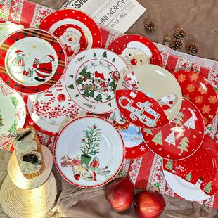 New 8 inch cross border atmosphere sense Christmas ceramic cartoon high temperature environmental protection bowl and plate tableware suit ins wholesale