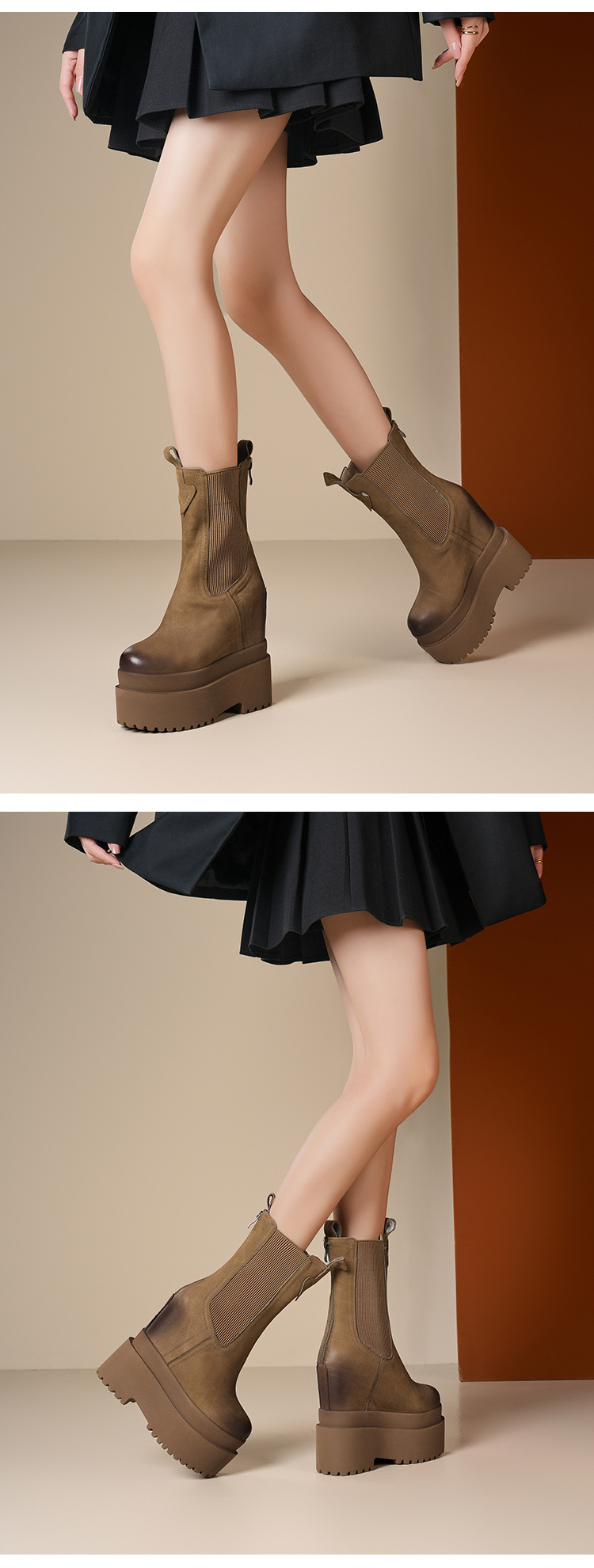 Boot Chelsea nữ cổ thun đế siêu cao 16cm da thật — Màu đen lót nhung chi tiết 5