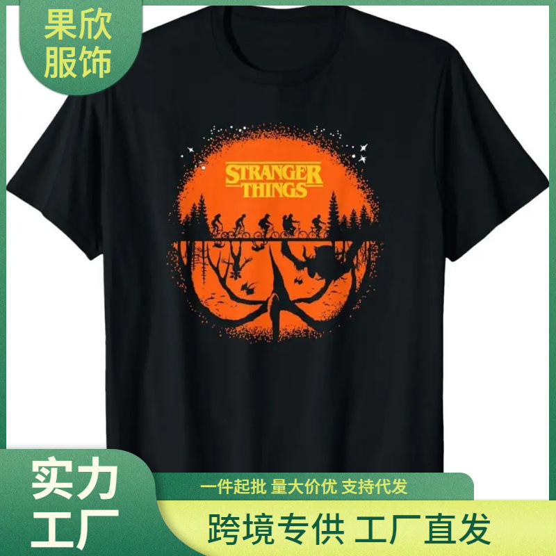 Strange Things Graphic Tee Black Cotton Short-Sleeve T-Shirt with Orange Text Design, Comfortable and Suitable for Casual Wear Strange Things Graphic Tee Black Cotton Short-Sleeve T-Shirt with Orange Text Design, Comfortable and Suitable for Casual Wear