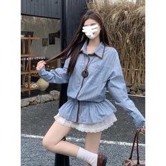 2025蓝色衬衫女装秋季高级感chic别致上衣法式条纹设计感长袖衬衣