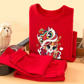 女童秋装保暖年服打底套装2023新款大童洋气红色喜庆本命年两件套