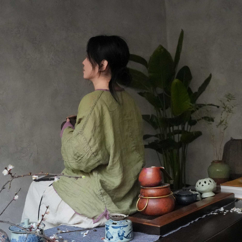 4467 双色苎麻 双面穿 盘扣长袖女式衬衫 四季款文艺复古圆领上衣