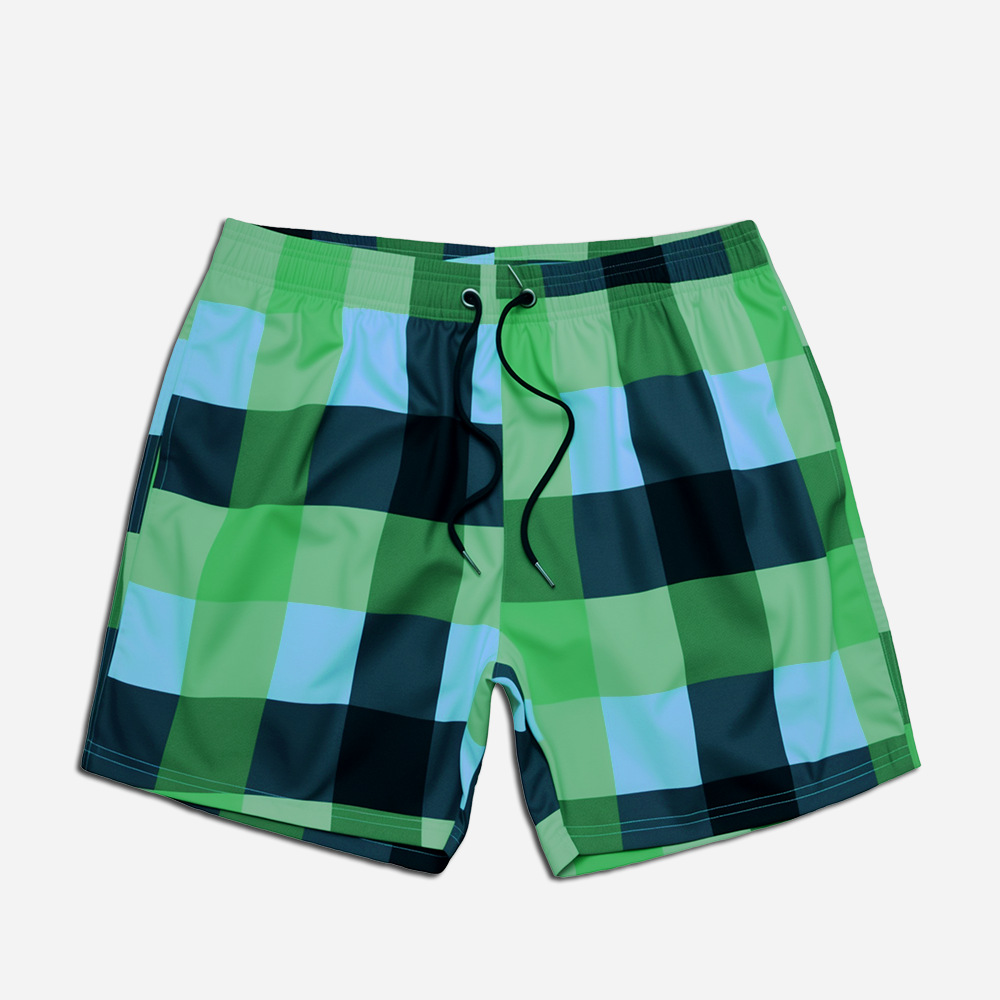 Men's Quick Drying Swim Trunks Green Plaid Beach Shorts_voghion.com
