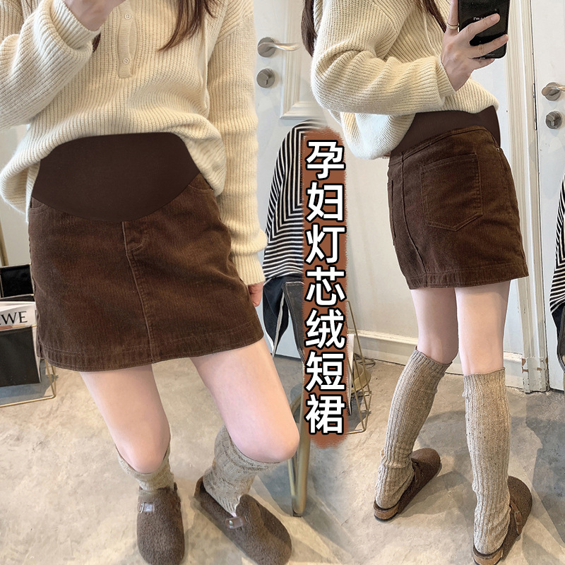 Maternity Autumn Short Skirt Retro Corduroy Skirt High Waist Belly Support Skirt Loose Slimming Look Hip-Covering A-Line Skirt Winter