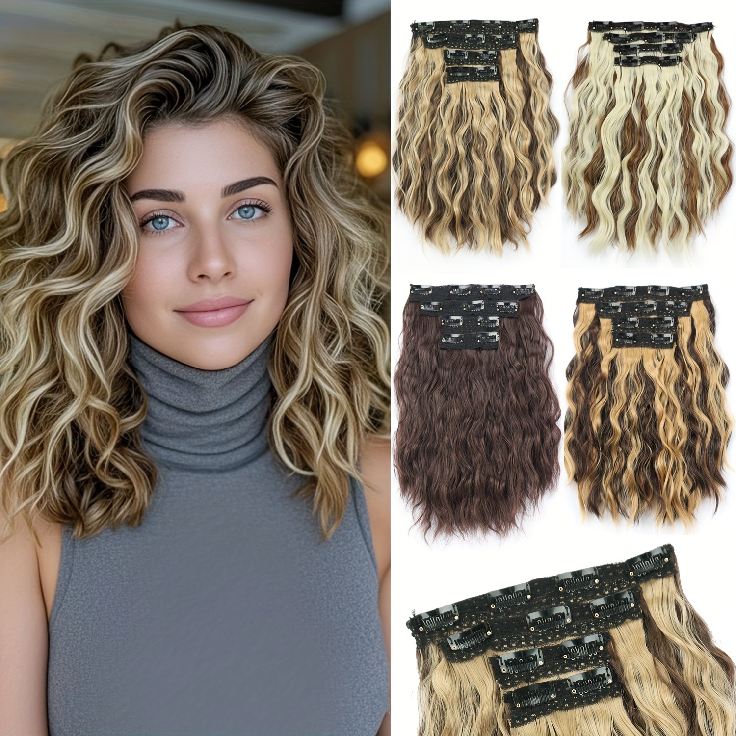 Comercio exterior transfronterizo 4 piezas de clip cabello ondulado peluca extensión de cabello corto ondulado al por mayor