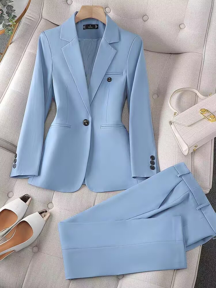 Qadın göy blazer, yüngül iş kostyumu