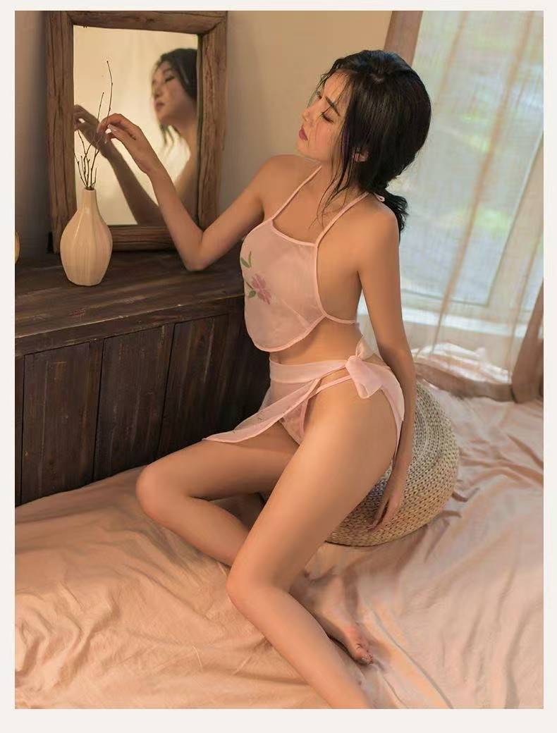 Classical Hanfu-Style Bellyband Lingerie Set, Sheer Pink Polyester, One Size — detail image 13