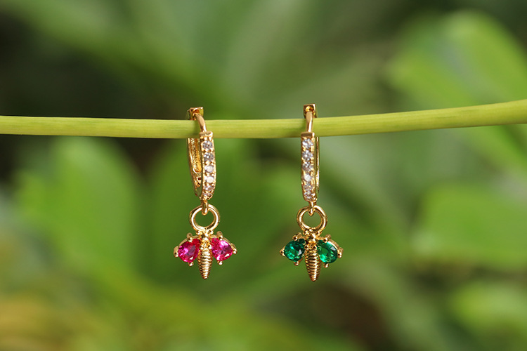 Copper Material Geometric Pattern Korean Micro-inlaid Color Zircon Bee Earrings