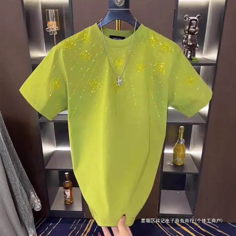 2025 新しいライト高級ヘビーデューティトレンディなブランドホットダイヤモンド半袖メンズ夏ラウンドネック多用途ファッション半袖 Tシャツ|undefined