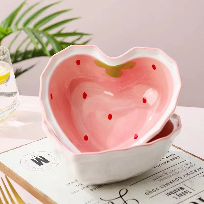 Ceramic strawberry heart bowl, 6‑inch dessert and salad bowl, pink glazed gift bowl
