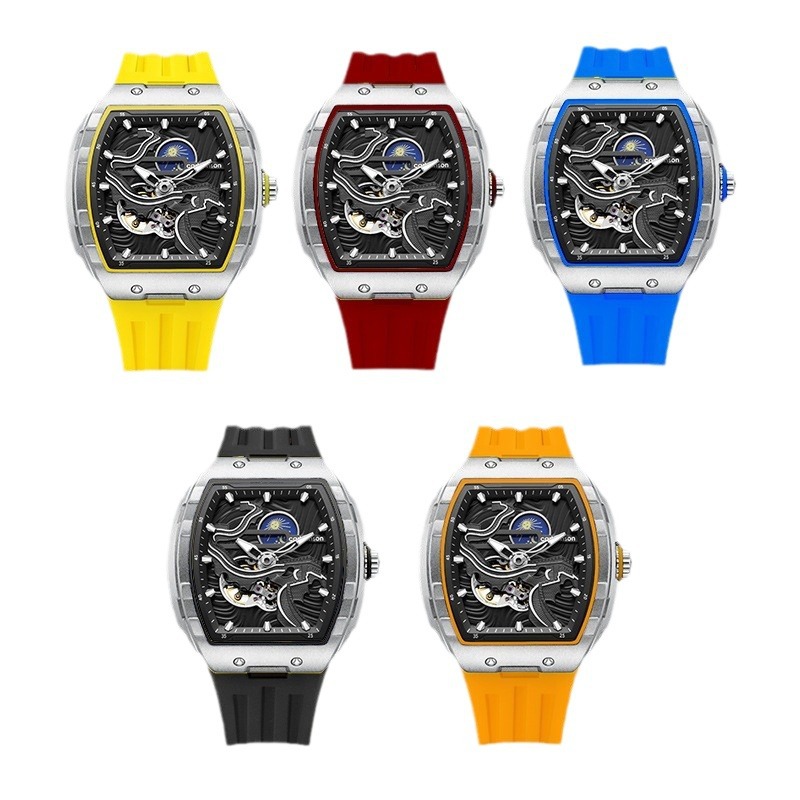 Yeni erkek mekanik saat şarap fıçısı içi boş otomatik saat gece kızdırma su geçirmez erkek saati sıcak satış silikon bant spor saat_voghion.com